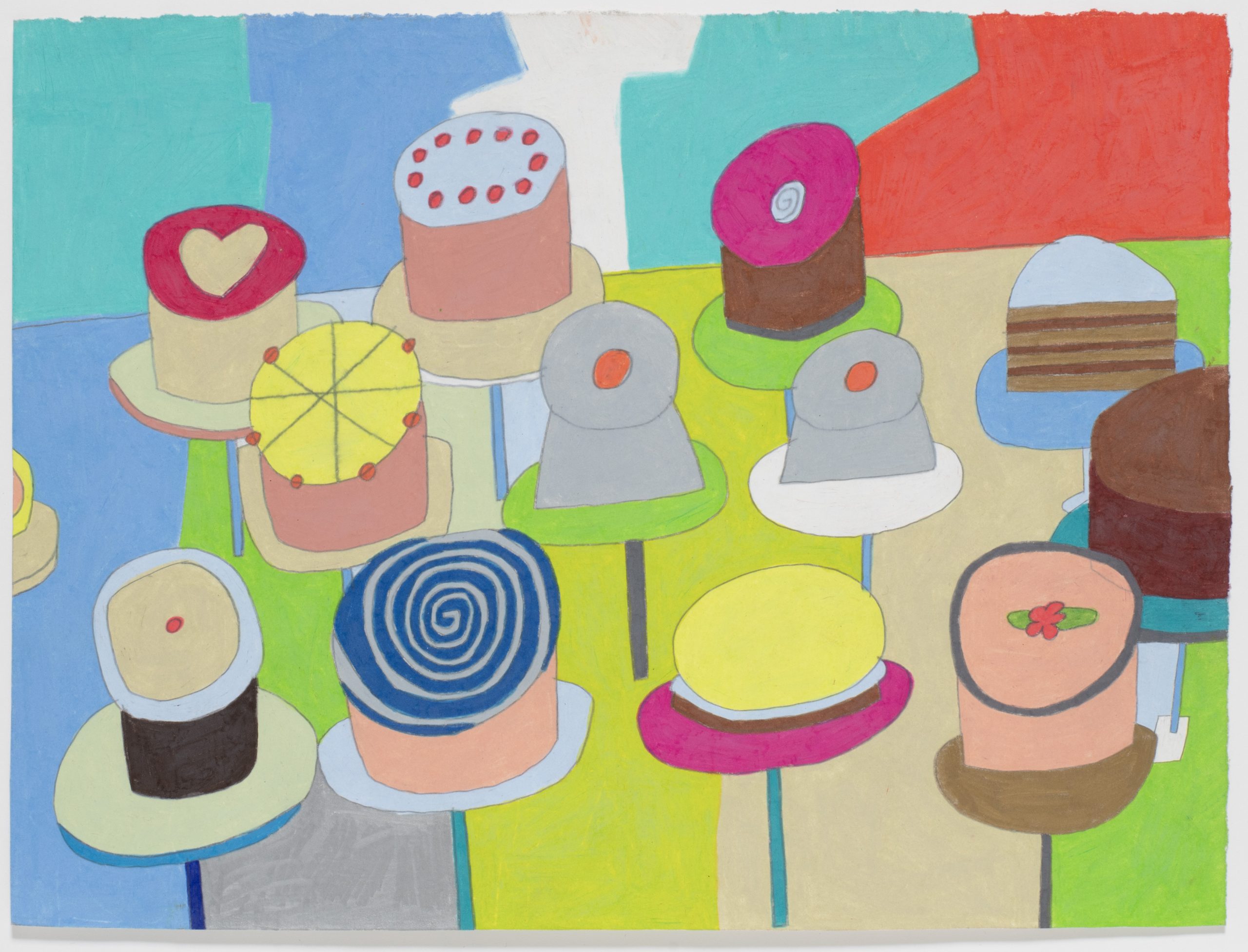 A colourful painting of 13 cakes