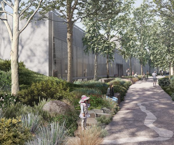 Render of path with trees and buildings - representing the new Eva and Marc Besen Centre