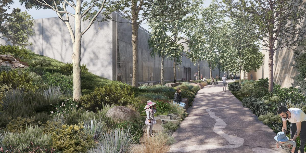 Render of path with trees and buildings - representing the new Eva and Marc Besen Centre